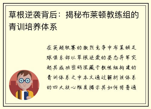 草根逆袭背后：揭秘布莱顿教练组的青训培养体系