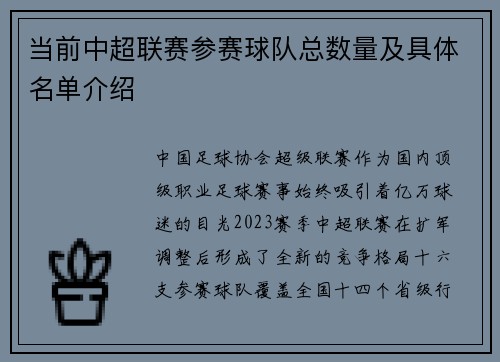 当前中超联赛参赛球队总数量及具体名单介绍